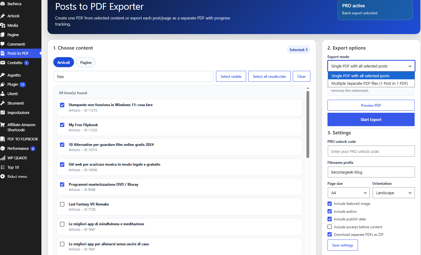 Posts to PDF Exporter WordPress admin interface with export options, PRO status, selected posts and PDF settings